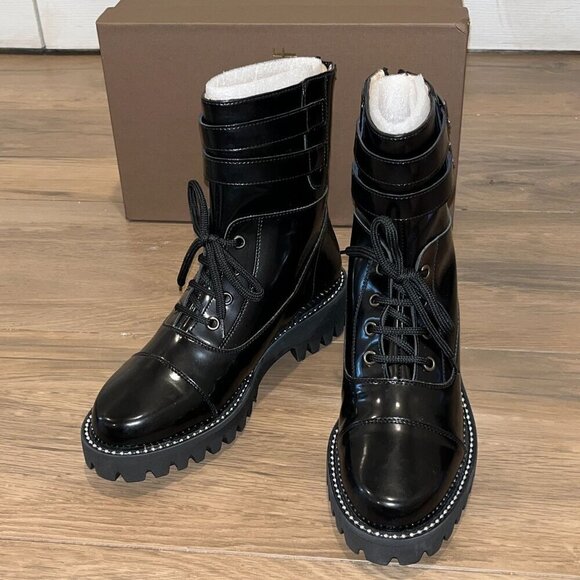 NWT Anthropologie Jon Josef Gwendolyn Black Leather Combat Boots size 5 - Picture 1 of 8